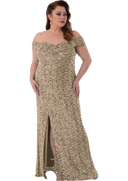 Büyük Beden Gold Renkli Payetli Likralı Uzun Abiye modelleri