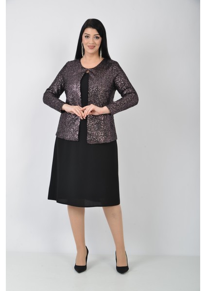 Büyük Beden Vizon Renkli Krep Pul Payetli Ceketli Abiye Elbise