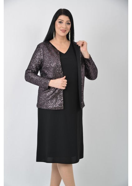 Büyük Beden Vizon Renkli Krep Pul Payetli Ceketli Abiye Elbise modelleri