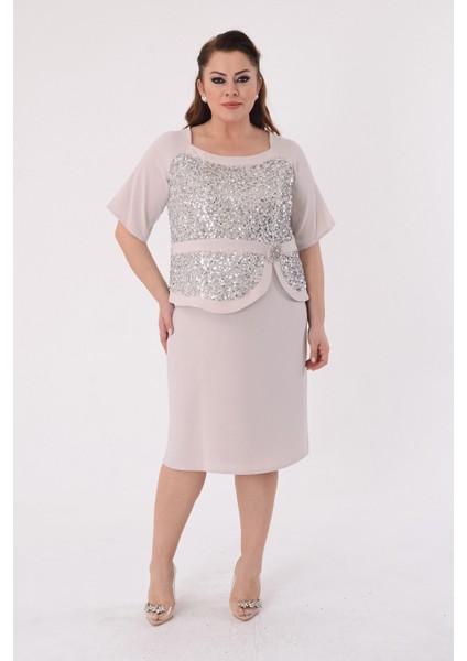 Büyük Beden Krem Renkli Payetli Krep Abiye Elbise