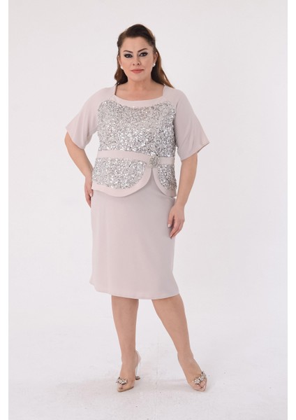 Büyük Beden Krem Renkli Payetli Krep Abiye Elbise fiyatları