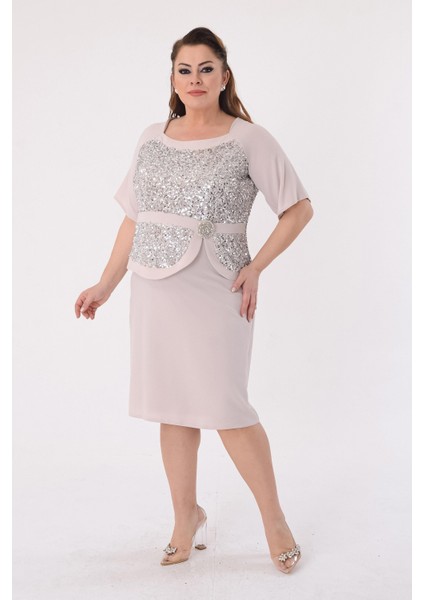 Büyük Beden Krem Renkli Payetli Krep Abiye Elbise modelleri