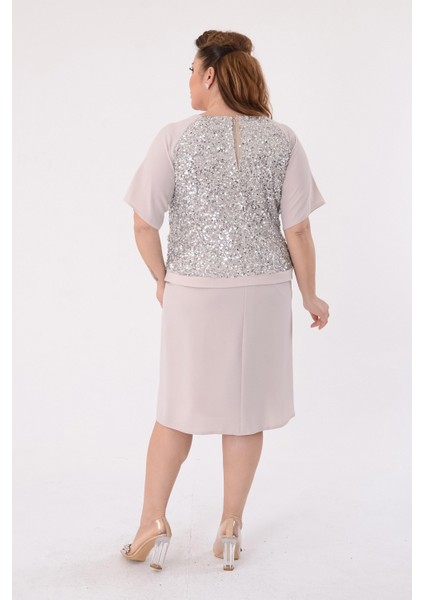 Büyük Beden Krem Renkli Payetli Krep Abiye Elbise fırsatları