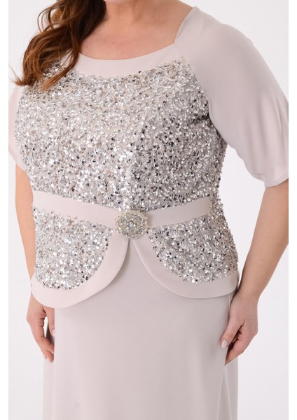 Büyük Beden Krem Renkli Payetli Krep Abiye Elbise indirimleri