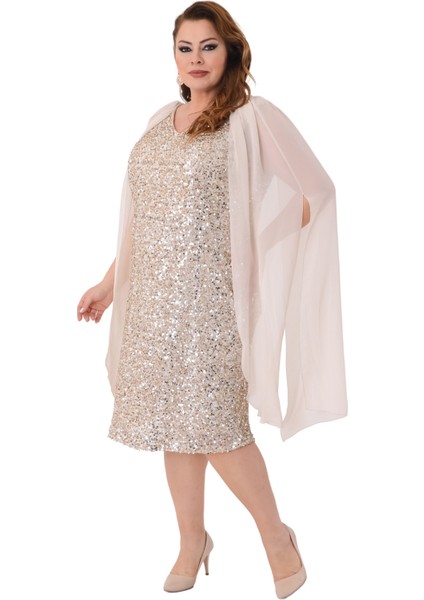 Büyük Beden Bej Renkli Pul Payetli Kısa Abiye Elbise modelleri