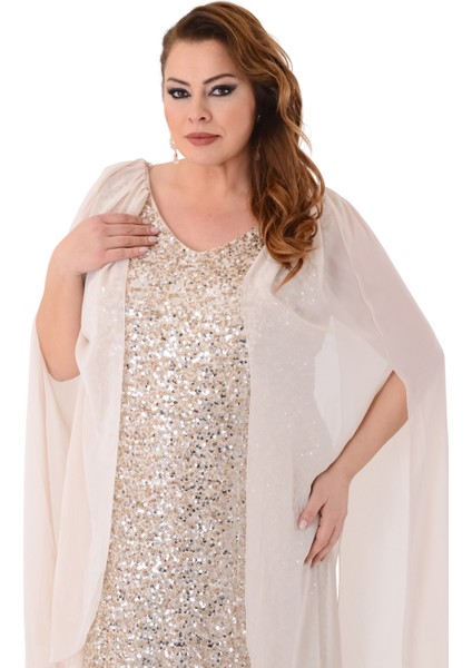 Büyük Beden Bej Renkli Pul Payetli Kısa Abiye Elbise indirimleri