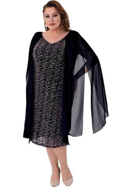Büyük Beden Siyah Renkli Pul Payetli Kısa Abiye Elbise