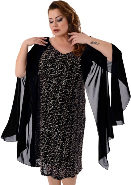 Büyük Beden Siyah Renkli Pul Payetli Kısa Abiye Elbise fiyatları