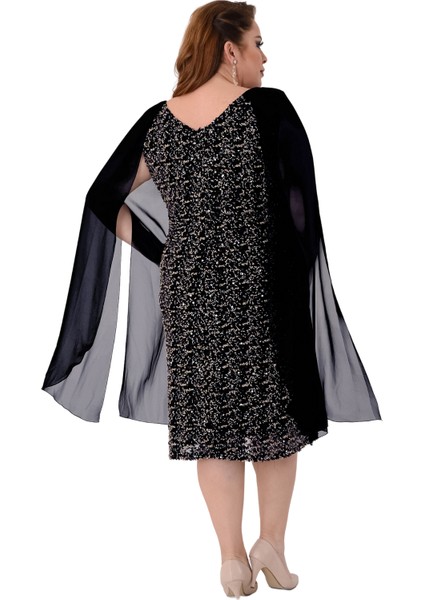 Büyük Beden Siyah Renkli Pul Payetli Kısa Abiye Elbise fırsatları
