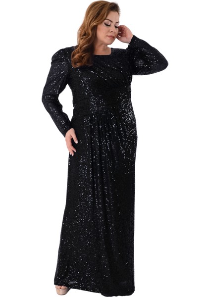 Büyük Beden Siyah Renkli Payetli Likralı Uzun Abiye fiyatları