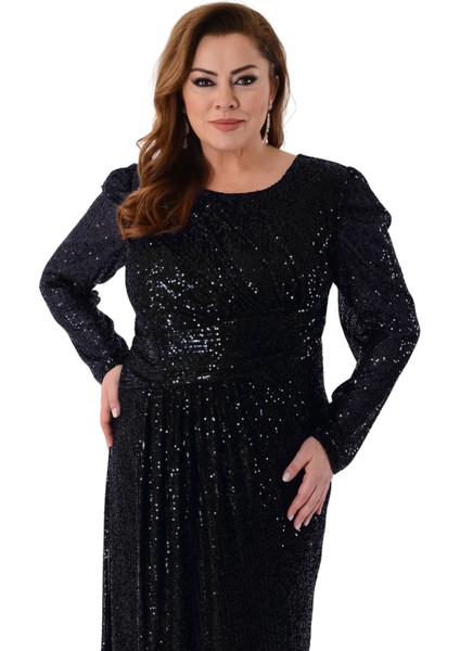 Büyük Beden Siyah Renkli Payetli Likralı Uzun Abiye modelleri