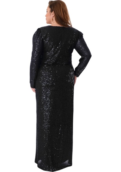 Büyük Beden Siyah Renkli Payetli Likralı Uzun Abiye fırsatları