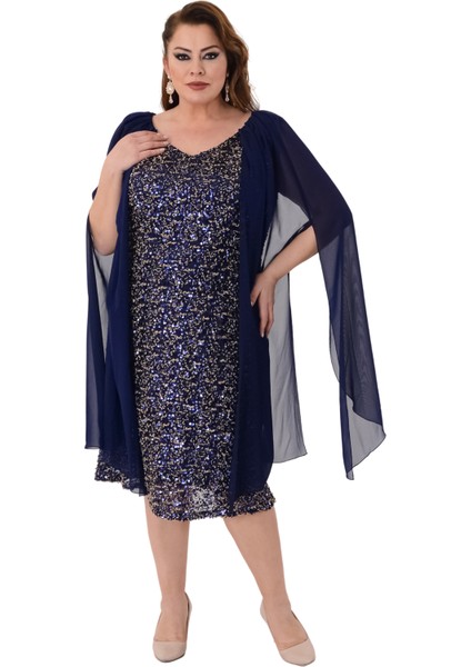 Büyük Beden Lacivert Renkli Pul Payetli Kısa Abiye Elbise
