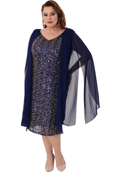 Büyük Beden Lacivert Renkli Pul Payetli Kısa Abiye Elbise fiyatları
