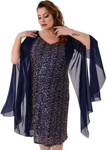 Büyük Beden Lacivert Renkli Pul Payetli Kısa Abiye Elbise modelleri