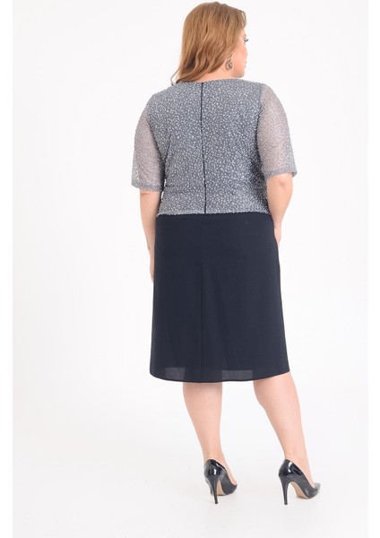 Büyük Beden Gri Renkli V Yaka Kısa Abiye Elbise indirimleri