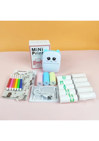 Taşınabilir Kablosuz Termal Etiket Yazıcısı Sevimli Karikatür Tasarımı USB Şarj Edilebilir Mini Yazıcı | Kompakt Cihaz - Açık Mavi