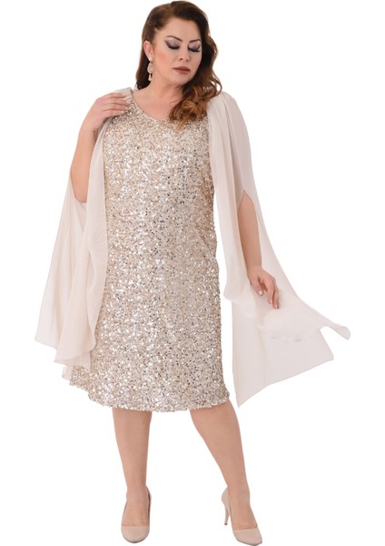 Büyük Beden Bej Renkli Pul Payetli Kısa Abiye Elbise fiyatları