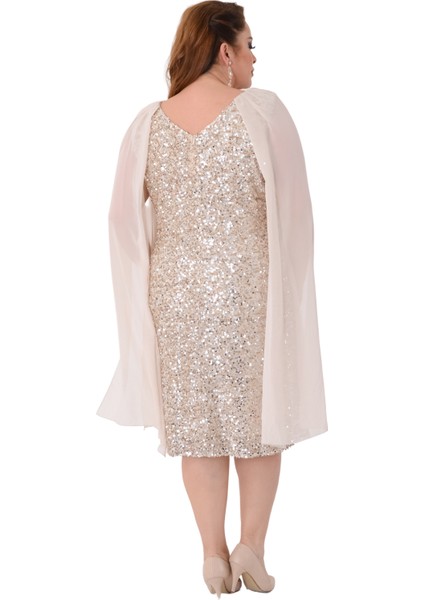 Büyük Beden Bej Renkli Pul Payetli Kısa Abiye Elbise fırsatları