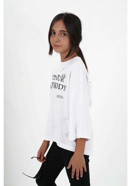 Kız Çocuk Süprem Kumaş Bisiklet Yaka Baskılı Tshirt