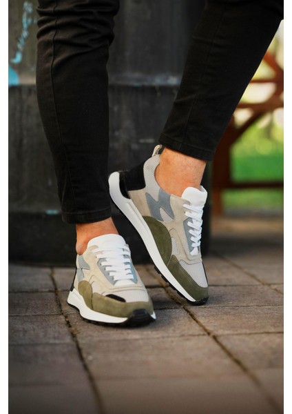 8496 Deri Bej Yeşil Garnili Erkek Sneaker Ayakkabı