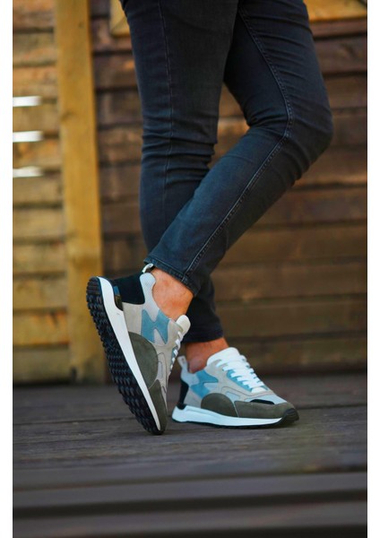 8496 Deri Bej Yeşil Garnili Erkek Sneaker Ayakkabı