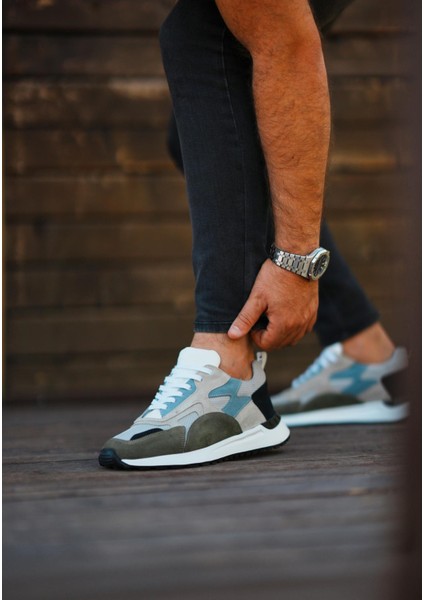8496 Deri Bej Yeşil Garnili Erkek Sneaker Ayakkabı