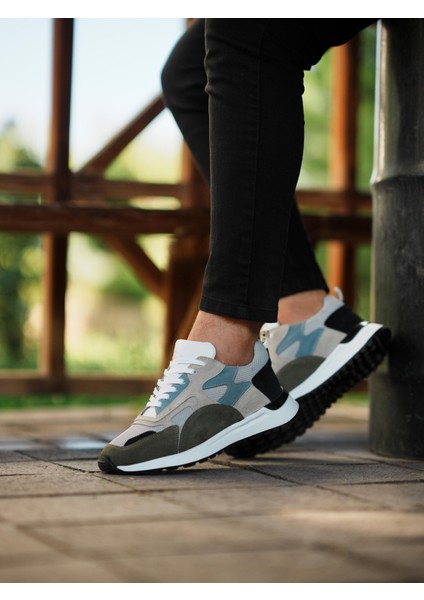 8496 Deri Bej Yeşil Garnili Erkek Sneaker Ayakkabı