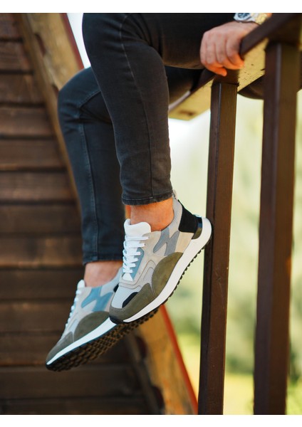 8496 Deri Bej Yeşil Garnili Erkek Sneaker Ayakkabı
