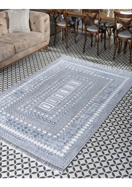 Broadway İskandinav Salon Halısı Mutfak Halısı Yolluk Bukle Dokuma Halı Geometrik Beyaz Mavi Dekoratif Halı BR-02