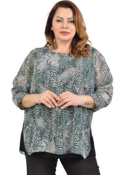 Büyük Beden Yeşil Renkli Desenli Şifon Bluz