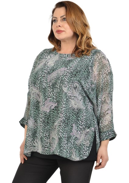 Büyük Beden Yeşil Renkli Desenli Şifon Bluz fiyatları