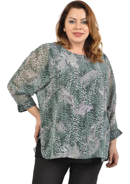 Büyük Beden Yeşil Renkli Desenli Şifon Bluz modelleri