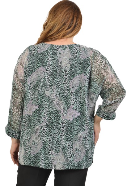 Büyük Beden Yeşil Renkli Desenli Şifon Bluz fırsatları