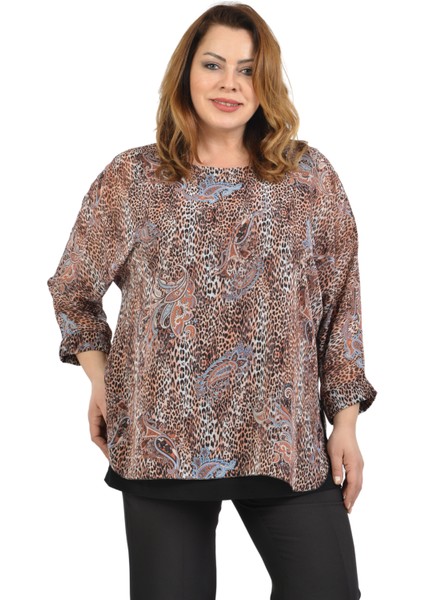 Büyük Beden Kahve Renkli Desenli Şifon Bluz