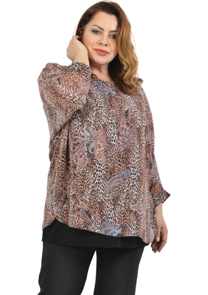 Büyük Beden Kahve Renkli Desenli Şifon Bluz fiyatları
