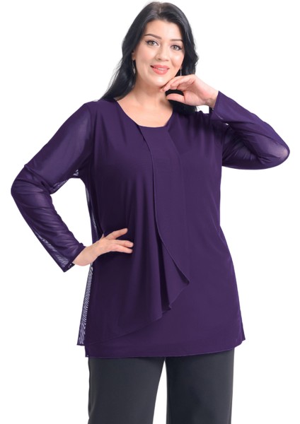 Büyük Beden Mürdüm Renkli Şifon Bluz