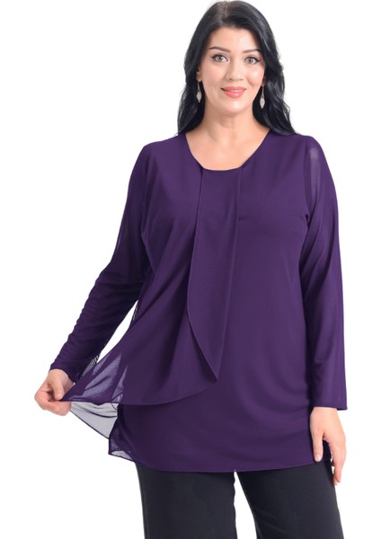 Büyük Beden Mürdüm Renkli Şifon Bluz modelleri