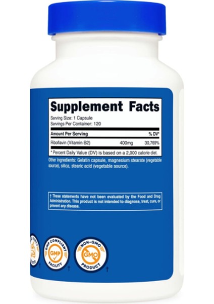 Vitamin B2 (Riboflavin) 400 mg 120 Capsules .abd Menşei