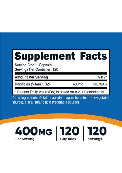 Vitamin B2 (Riboflavin) 400 mg 120 Capsules .abd Menşei