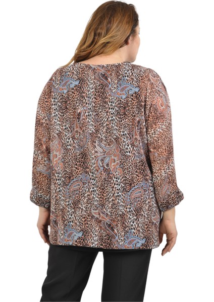 Büyük Beden Kahve Renkli Desenli Şifon Bluz fırsatları