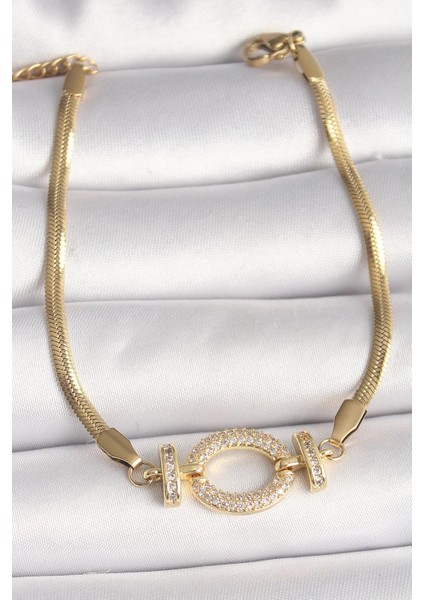 Çelik Gold Renk Italyan Zincir Model Zirkon Taşlı Halka Figür Kadın Bileklik