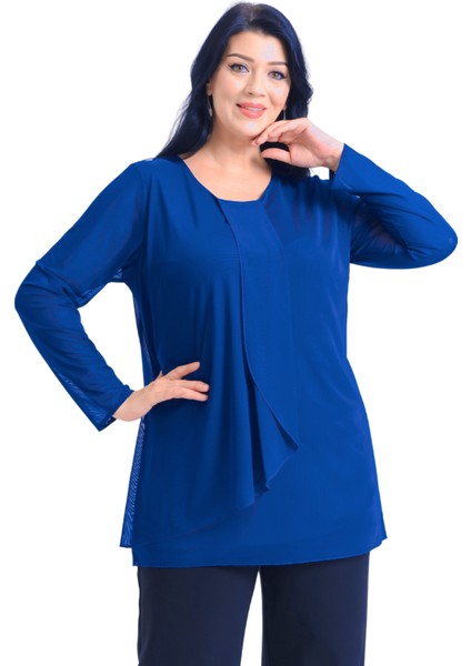 Büyük Beden Saks Renkli Şifon Bluz