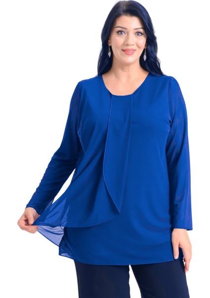 Büyük Beden Saks Renkli Şifon Bluz modelleri