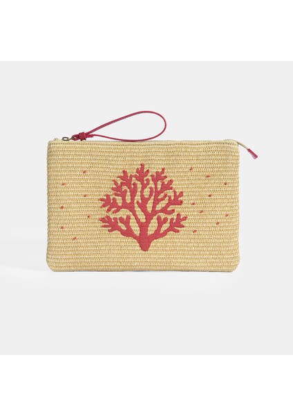 Kırmızı Mercan Nakışlı Hasır Clutch