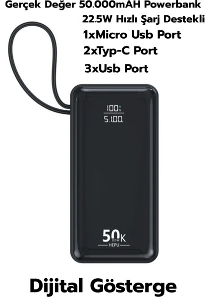 50.000MAH 22.5W Siyah LCD 1xmicro 2xtyp-C 3xusb Port Taşınabilir Şarj Cihazı Powerbank HP-255