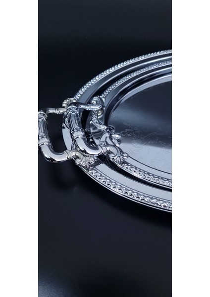 Krom Kaplama Oval Metal Kulplu Tepsi Set