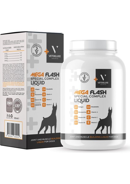 Köpekler Için Eklm ve Kas Geliştirici Chondroitin, Collagen, Glucosamine, Vitamin Likit Megaflash 500 ml