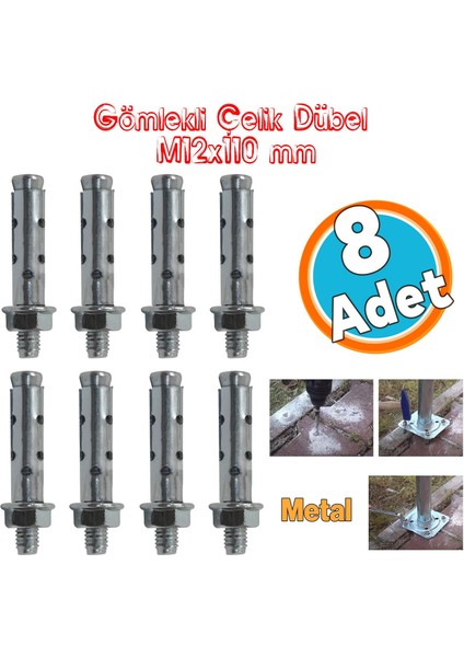 Saplamalı Gömlek Çelik Dübel Raf Montaj Bağlantı Zemin Monte Tavan Beton Asma Aparat M12X110 mm 8 Adet
