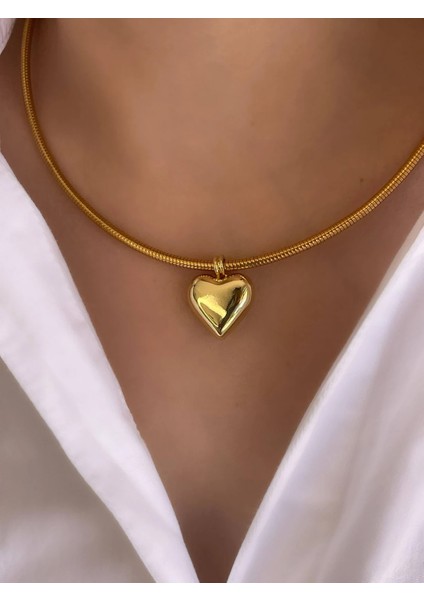 Gold Bombeli Kalp Kalın Tel Çelik Kolye
